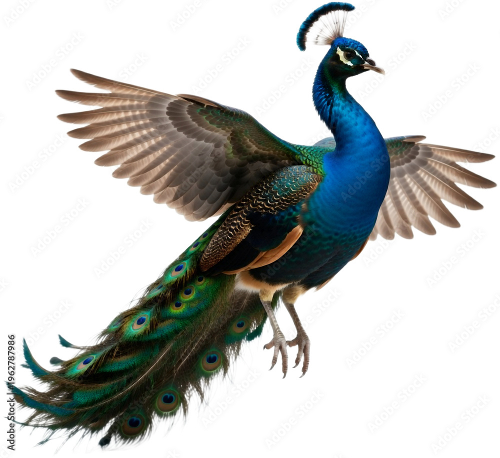 Fototapeta premium Majestic blue peacock soars in full flight trailing vivid tail feathers.