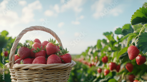A wicker basket filled with fresh, ripe strawberries in a vibrant green field under a bright blue sky