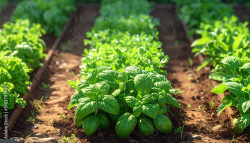 Fresh organic herbs growing in sunlit organic garden rows