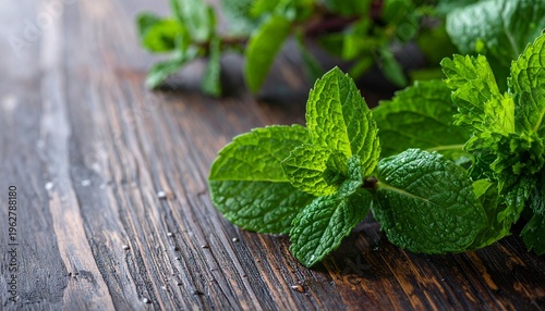 Fresh green mint leaves with morning dew on rustic wooden surface