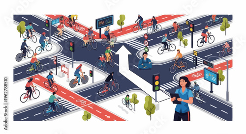 Busy Urban Intersection with Cyclists and Pedestrians Navigating Traffic.