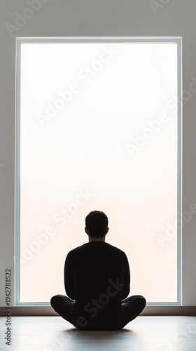 Silhouette of a person meditating in front of a large, bright window, symbolizing peace and introspection