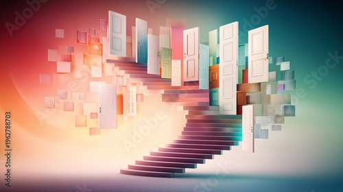 A surreal staircase leading to a vibrant array of doors, symbolizing choices and opportunities in a whimsical, dreamlike world