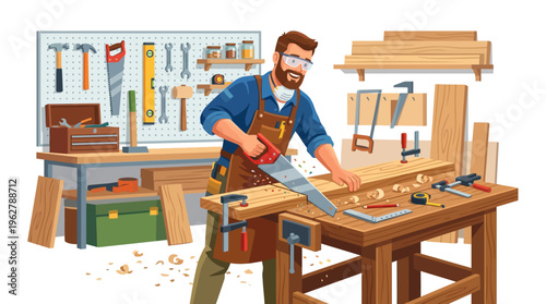 Carpenter working diligently in his workshop cutting wood.