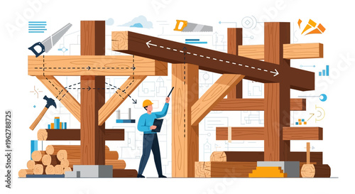 Carpenter Inspecting Wooden Structure Construction Site.