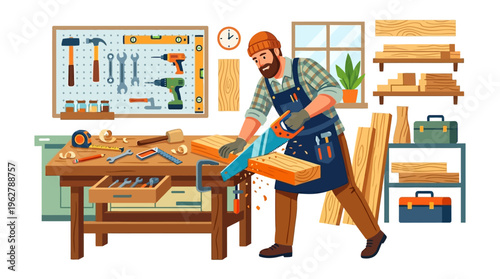 Carpenter working diligently in his workshop cutting wood.