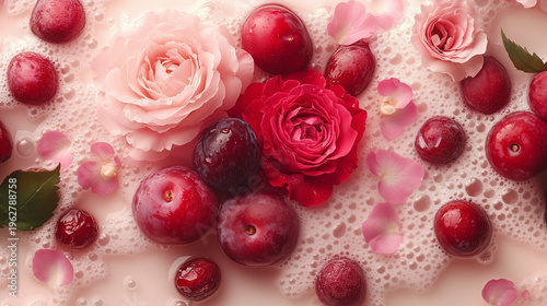 Delicate pink roses and juicy plums surrounded by bubbles and petals, creating a fresh and romantic atmosphere