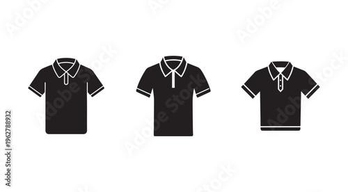 Three black polo shirts with white trim side view front view and back view on white background  simple fashion design elements