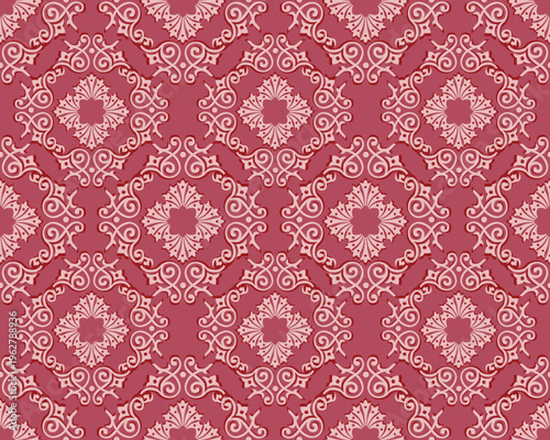 Elegant damask pattern in deep red and soft pink tones, featuring a seamless repeating design with symmetrical arrangement across the entire image. 