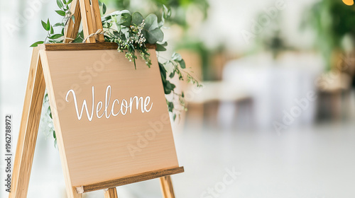 A wooden welcome sign adorned with greenery, set in a bright, airy space, perfect for events, gatherings, or celebrations