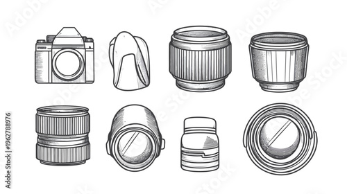 Monochrome illustration of various photographic equipment components, lenses and a camera body