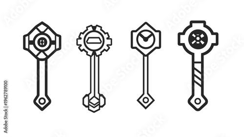 Four stylized key-like objects in a row, each with a unique geometric design on white background