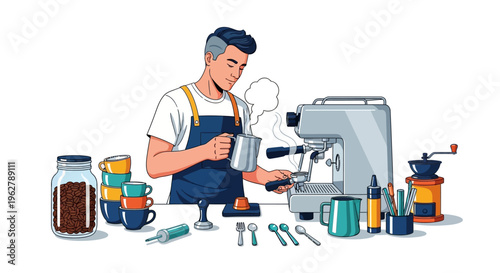 Barista making coffee with espresso machine and accessories.