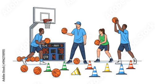 Basketball Training Session with Coach and Players.