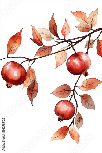 Artistic illustration of pomegranates on a branch, featuring autumn leaves for a seasonal touch