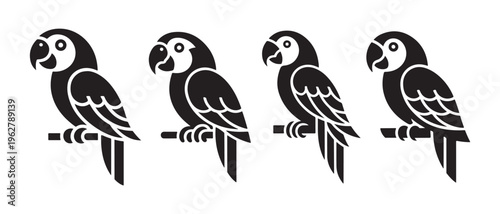 Black macaw parrot silhouettes perching in a row, a modern vector icon illustration on white background.