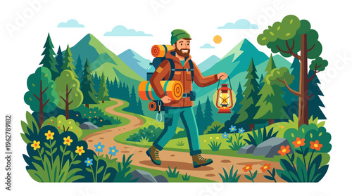 Bearded Hiker with Backpack and Lantern Walking on Trail.