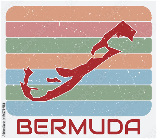 Bermuda vintage logo. Shape of the country on retro colored stripes background. Bermuda map design with grunge scratch texture. Vector illustration.