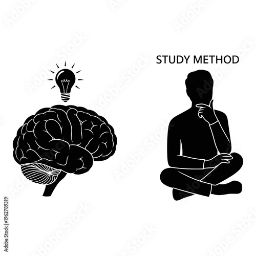 Study method, brain with lightbulb, thinking person, educational icons