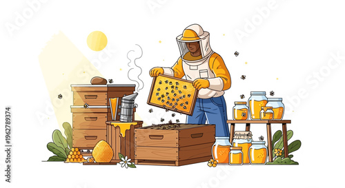 Beekeeper in protective suit inspecting honeycomb with bees.