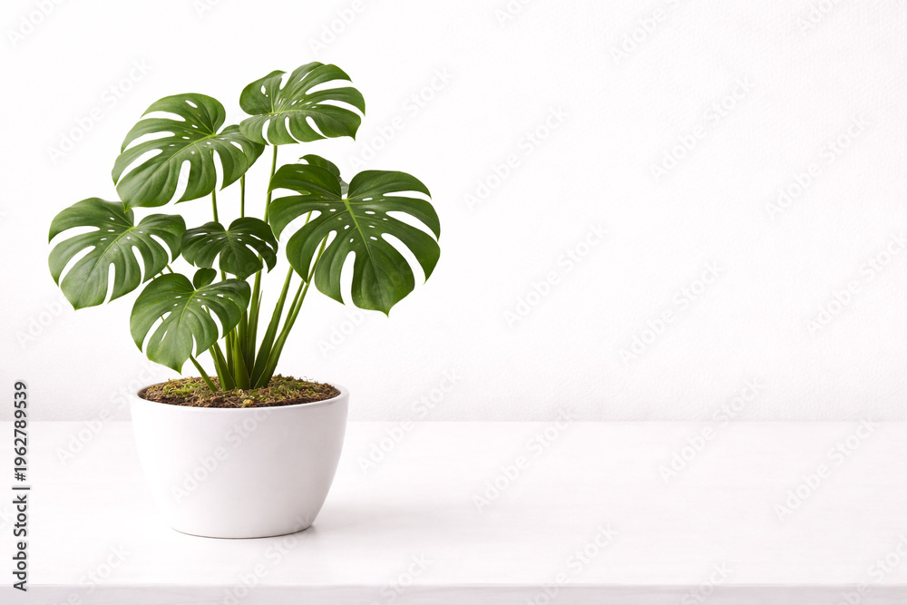 Fototapeta premium Minimal composition of a lush green monstera plant in a white pot placed on a clean white surface. The large split leaves create a fresh and modern aesthetic with soft natural lighting. 