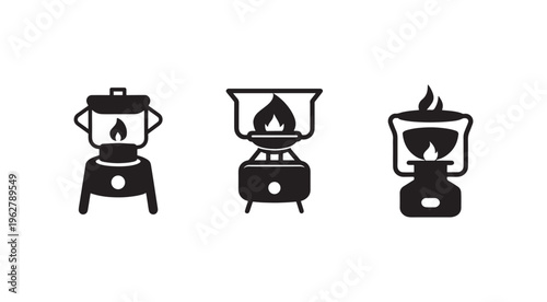 Three black silhouette camping stoves with flames burning inside on white background  portable cooking equipment