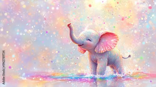 A cheerful baby elephant dances in a vibrant splash of colors, surrounded by a whimsical, sparkling background that radiates joy and energy