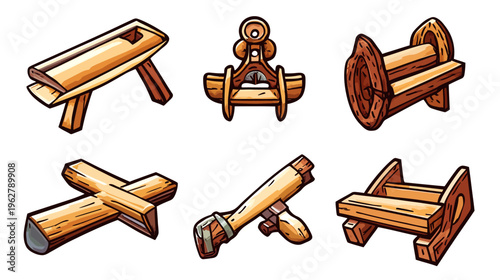 Various hand-drawn, cartoon-style illustrations of wooden objects, depicting various tools and contraptions