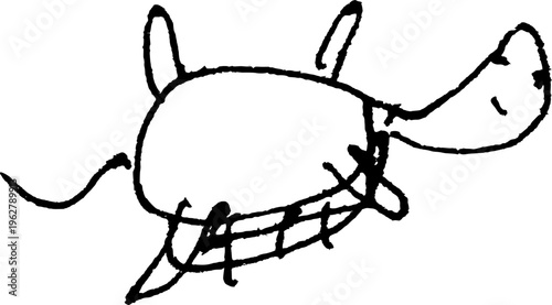 Simple monochrome pen drawing of a flipped-over turtle in doodle style