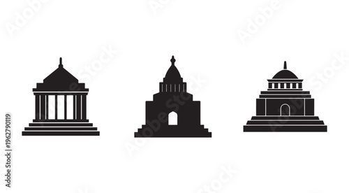 Three black silhouettes of ancient temple buildings with domes and columns on white background  architectural icons