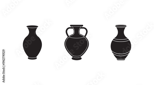 Three black silhouettes of ancient clay vases with different shapes and designs on white background  decorative pottery