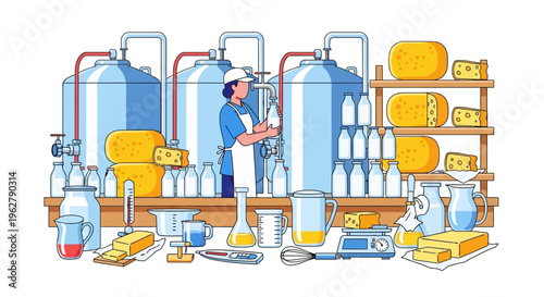 Cheese Production Facility with Worker and Dairy Products.