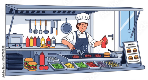 Chef cooking burgers at a food truck.