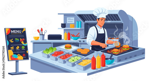 Chef cooking burgers at a restaurant kitchen counter.