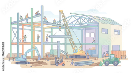 Construction site with steel frame building and workers.