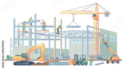 Construction Site with Workers and Heavy Machinery.