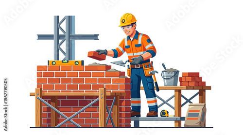 Construction worker building brick wall with tools.