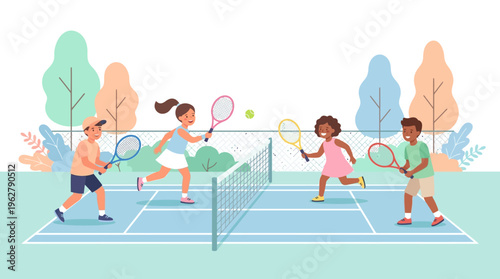 Children playing tennis on a court with rackets and ball.