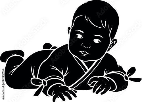 A young child dressed in traditional martial arts attire lying on their stomach while holding a wooden sword, exuding focus and determination