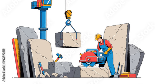 Construction worker cutting stone with circular saw machine.