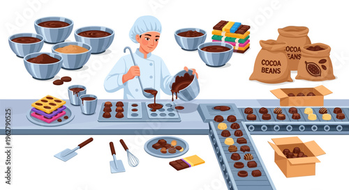 Chocolate factory worker making delicious chocolate bars.