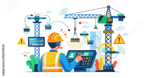 Construction worker controlling crane with advanced technology.