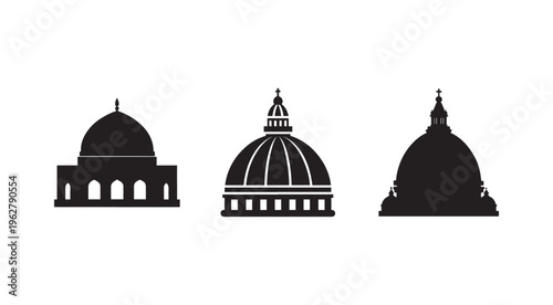 Three black silhouettes of domed buildings with different architectural styles and details  iconic structures  domes  arches