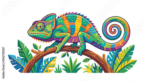 Colorful Chameleon Perched on a Branch.