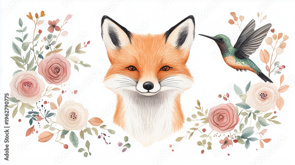 Fototapeta premium Charming illustration of a fox surrounded by flowers, combining wildlife and floral elements for a unique design