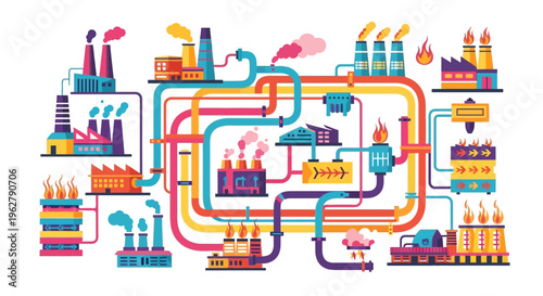 Complex Industrial Factory Network with Colorful Pipes and Smokestacks.