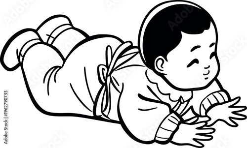 A young child lying on their stomach with arms outstretched as if ready to explore or crawl across a flat surface