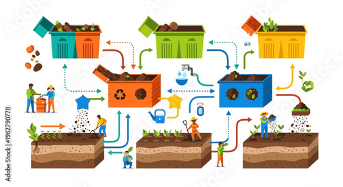 Composting process illustration showing waste sorting and garden fertilization.