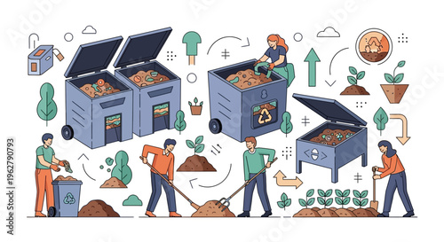Composting process with people and compost bins.
