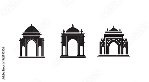 Three black silhouettes of indian architectural archways with domes on white background  traditional designs